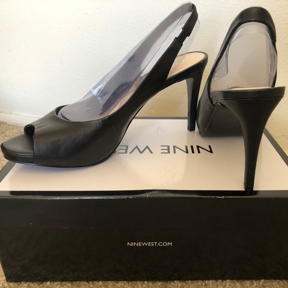 Nine West- Black Leather Peep Toe Stiletto Heel